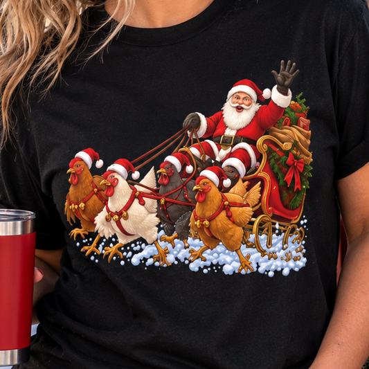 Funny Chicken Christmas T-Shirt, Santa Riding Chickens Farm Animal Holiday Shirt, Unique Christmas Gift