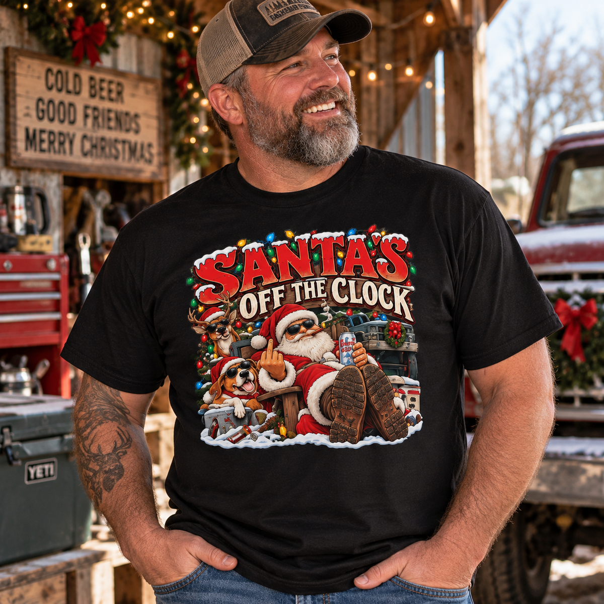 Santa’s Off the Clock Funny Christmas T-Shirt, Blue Collar Holiday Humor Shirt, Sarcastic Santa Gift