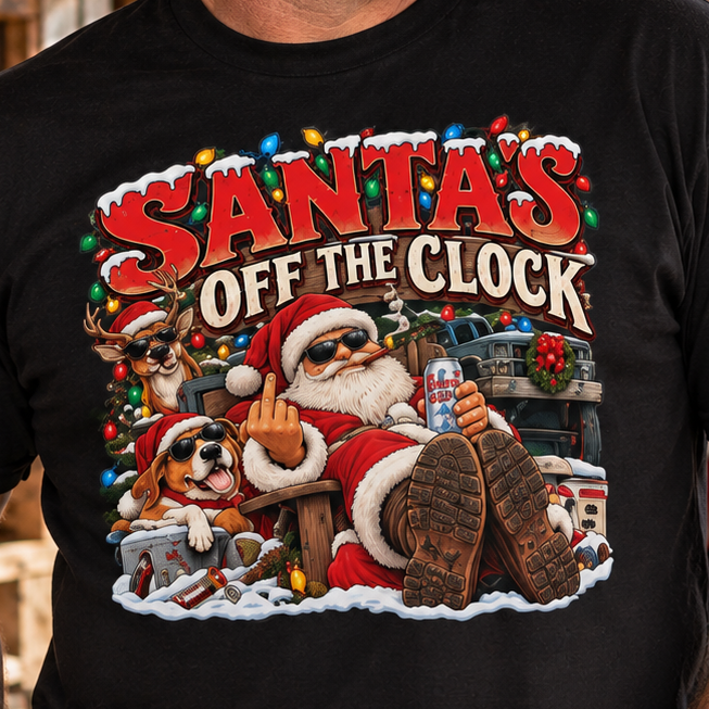 Santa’s Off the Clock Funny Christmas T-Shirt, Blue Collar Holiday Humor Shirt, Sarcastic Santa Gift