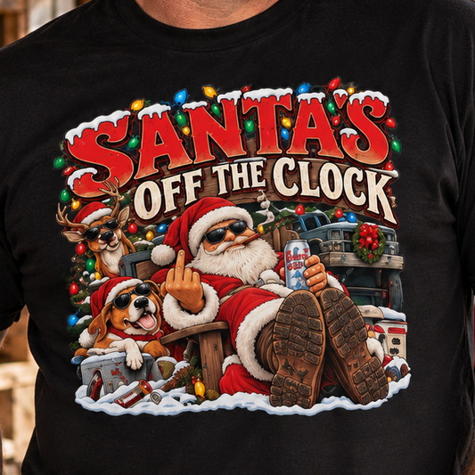 Santa’s Off the Clock Funny Christmas T-Shirt, Blue Collar Holiday Humor Shirt, Sarcastic Santa Gift