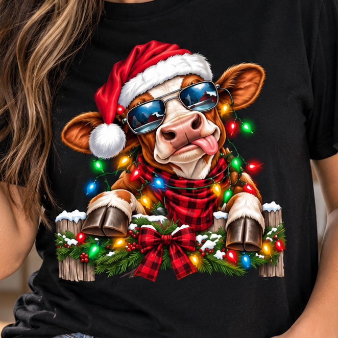 Funny Christmas Cow T-Shirt, Santa Hat Cow Shirt with Christmas Lights