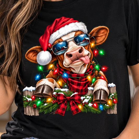 Funny Christmas Cow T-Shirt, Santa Hat Cow Shirt with Christmas Lights