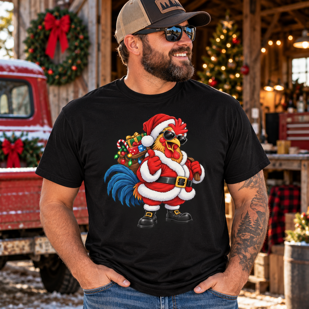 Funny Santa Chicken T-Shirt, Christmas Rooster Shirt, Farm Animal Holiday Gift