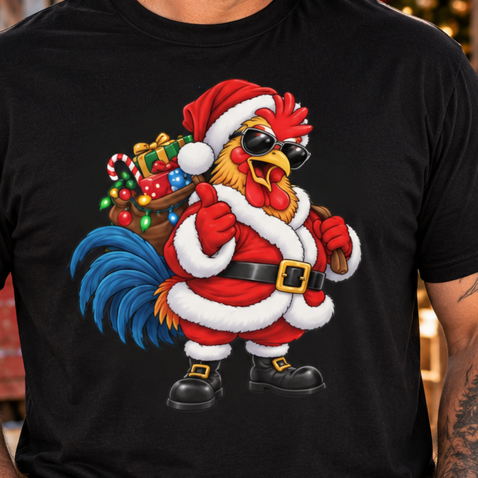 Funny Santa Chicken T-Shirt, Christmas Rooster Shirt, Farm Animal Holiday Gift